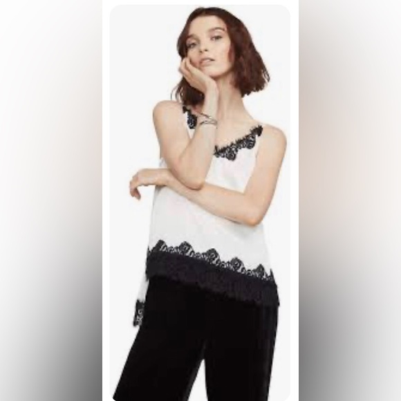 BCBG MAXAZRIA Helena High Low Lace-Trimmed Top Cream Black Sz M - Picture 1 of 11